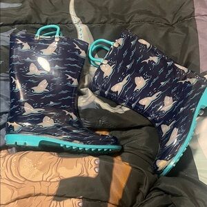 Kids Navy Shark Print Rain Boots with Aqua Handles